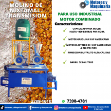 MOLINO DE NIXTAMAL DE 2 TOLVAS TIPO TRANSMISION CON MOTOR COMBINADO ELECTRICO 5 HP Y GASOLINA 9 HP